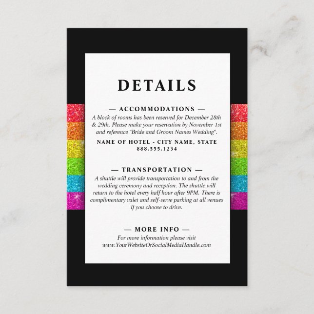 LGTBQ Rainbow Black Chic Modern Wedding Glitter Enclosure Card (Front)