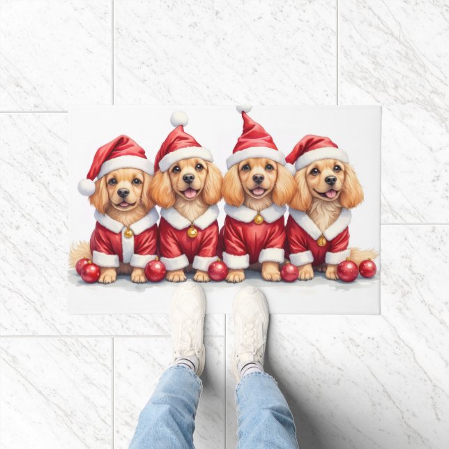 Lhasa Apso Christmas Dress Santa Hat Doormat (Indoor)