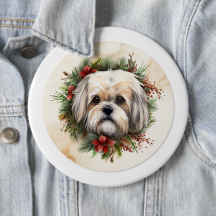 Lhasa Apso Christmas Wreath Festive Pup 6 Inch Round Button
