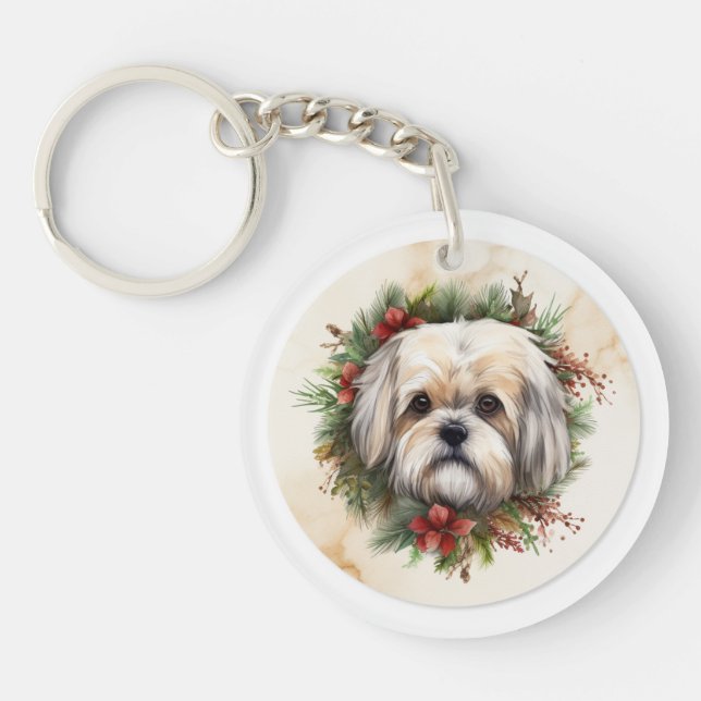 Lhasa Apso Christmas Wreath Festive Pup  Keychain (Front)