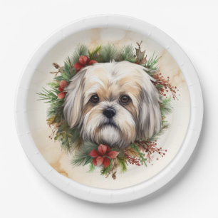Lhasa Apso Christmas Wreath Festive Pup  Paper Plate