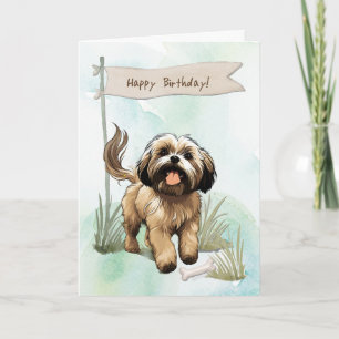 Lhasa Apso Dog Breed Outdoors Under Birthday Sign Card