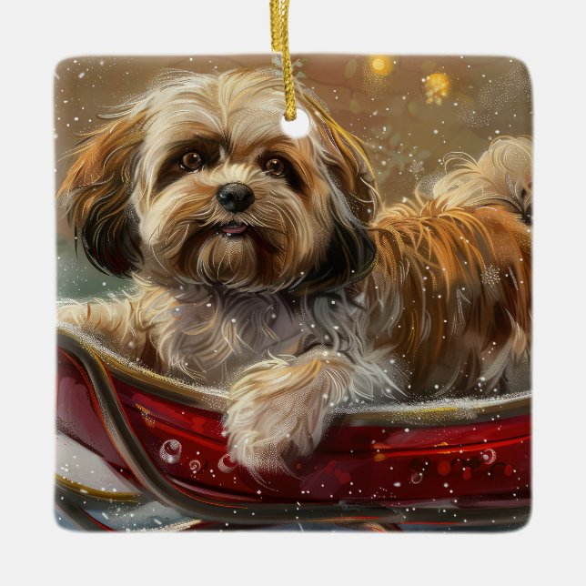 Lhasa Apso Dog Christmas Festive Ceramic Ornament (Front)