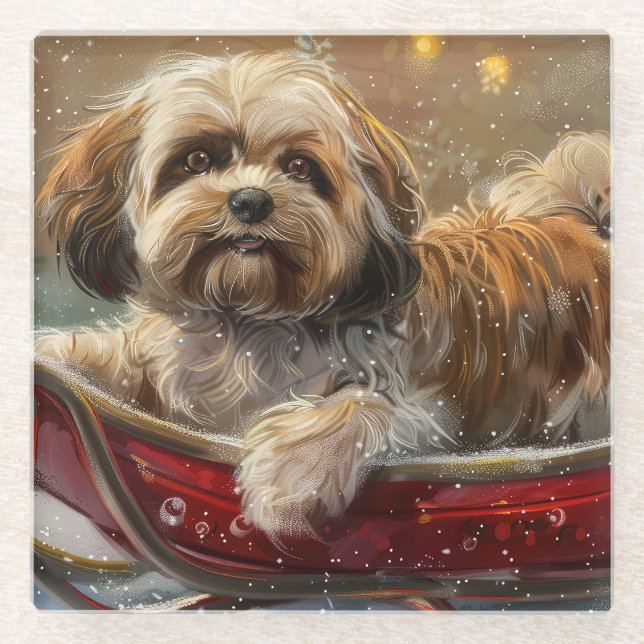 Lhasa Apso Dog Christmas Festive Glass Coaster (Front)