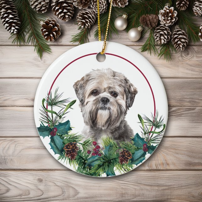 Lhasa Apso Dog Evergreen Berry Wreath Ceramic Ornament (Creator Uploaded)