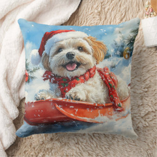 Lhasa Apso Dog in Sledge Let it Snow Christmas Throw Pillow