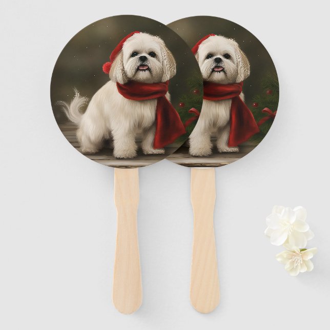 Lhasa Apso Dog in Snow Christmas Hand Fan (Front and Back)