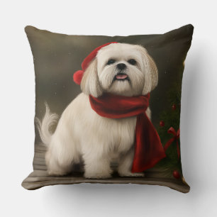 Lhasa Apso Dog in Snow Christmas Throw Pillow