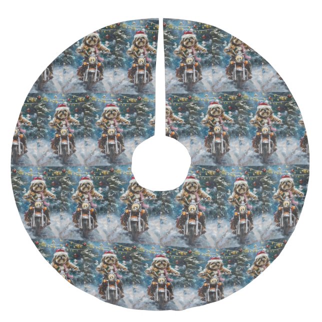 Lhasa Apso Dog Riding Motorcycle Christmas  Brushed Polyester Tree Skirt (Front)