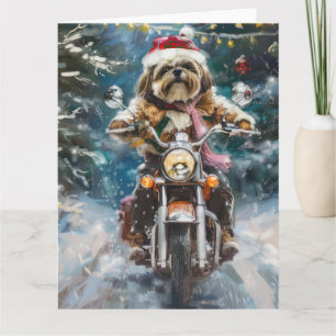 Lhasa Apso Dog Riding Motorcycle Christmas  Card