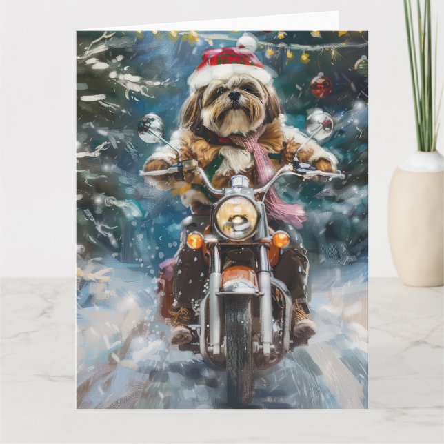 Lhasa Apso Dog Riding Motorcycle Christmas  Card (Front)