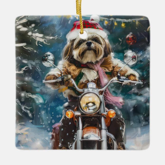 Lhasa Apso Dog Riding Motorcycle Christmas  Ceramic Ornament (Front)