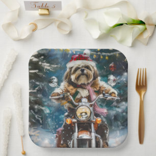 Lhasa Apso Dog Riding Motorcycle Christmas  Paper Plate