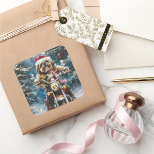 Lhasa Apso Dog Riding Motorcycle Christmas  Square Sticker