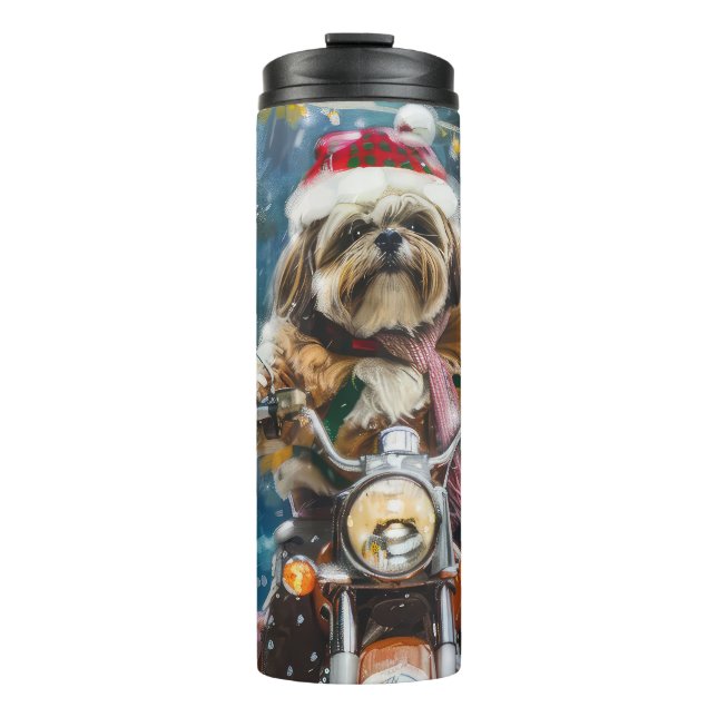 Lhasa Apso Dog Riding Motorcycle Christmas  Thermal Tumbler (Front)
