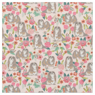 Lhasa Apso dog vintage florals pastel pink Fabric