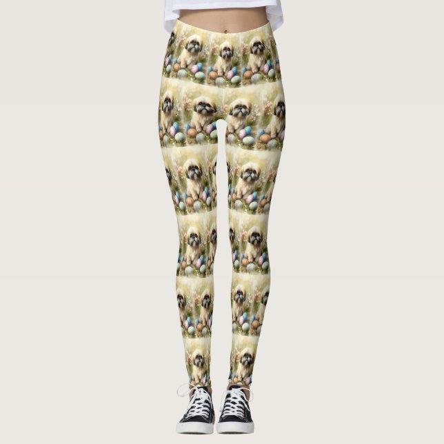 Lhasa Apso Dog with Easter Eggs Holiday  Leggings (Front)