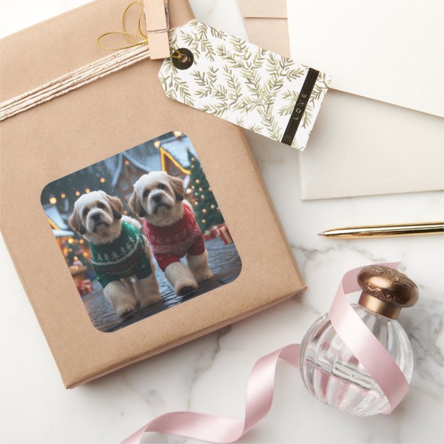 Lhasa Apso Dogs Christmas Snow Holiday Square Sticker (Gifting)