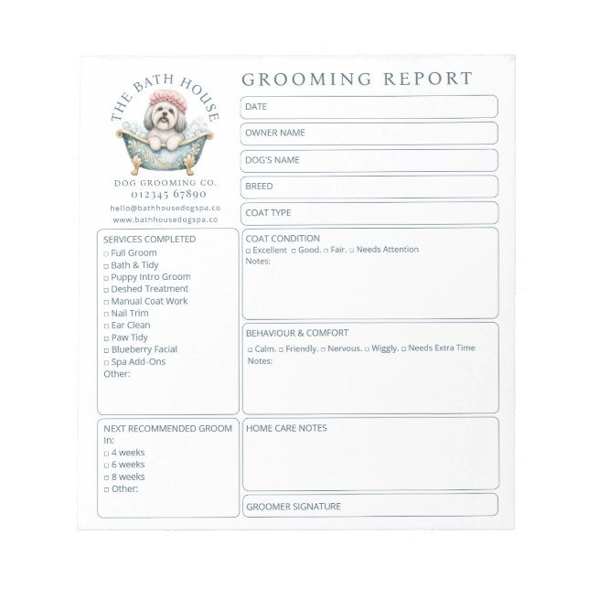 Lhasa Apso Grooming Salon Report Card Notepad (Front)