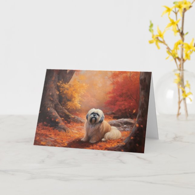 Lhasa Apso in Autumn Leaves Fall Inspire Card (Yellow Flower)