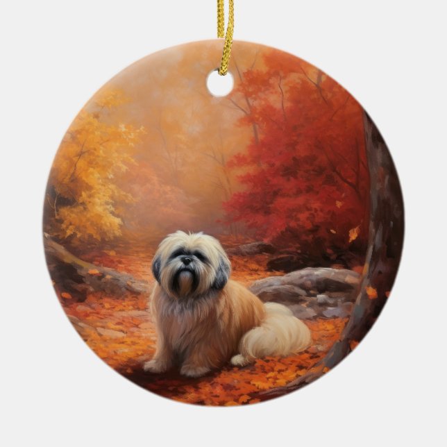 Lhasa Apso in Autumn Leaves Fall Inspire Ceramic Ornament (Front)