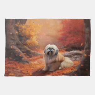 Lhasa Apso in Autumn Leaves Fall Inspire Kitchen Towel