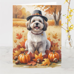 Lhasa Apso In Autumn Leaves Thanksgiving Art  Card
