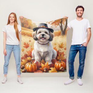 Lhasa Apso In Autumn Leaves Thanksgiving Art Fleece Blanket