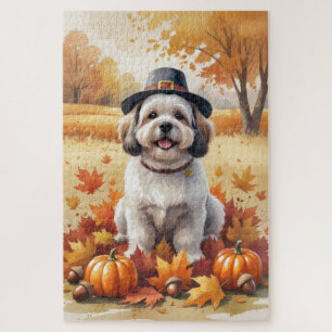 Lhasa Apso In Autumn Leaves Thanksgiving Art Jigsaw Puzzle