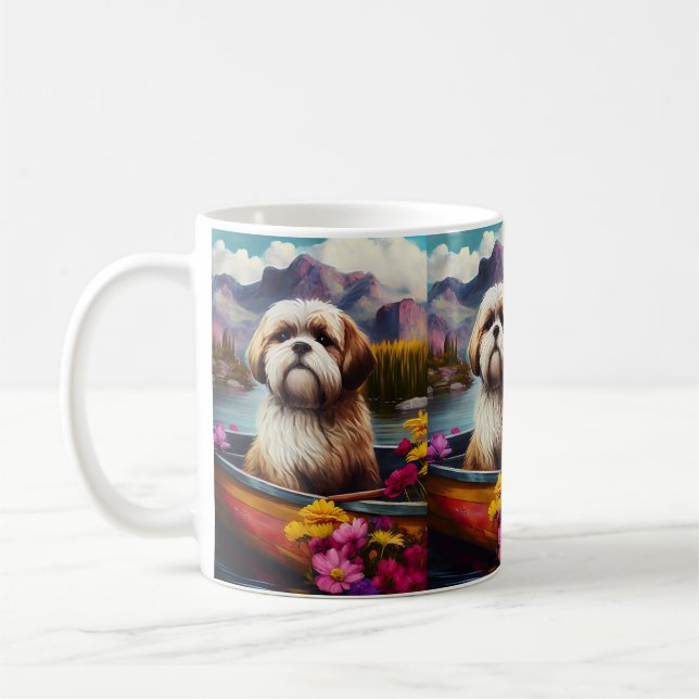 Lhasa Apso on a Paddle: A Scenic Adventure Coffee Mug (Left)
