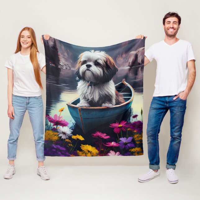 Lhasa Apso on a Paddle: A Scenic Adventure Fleece Blanket (In Situ)