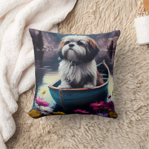 Lhasa Apso on a Paddle: A Scenic Adventure Throw Pillow