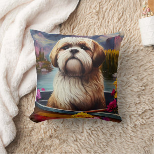 Lhasa Apso on a Paddle: A Scenic Adventure Throw Pillow