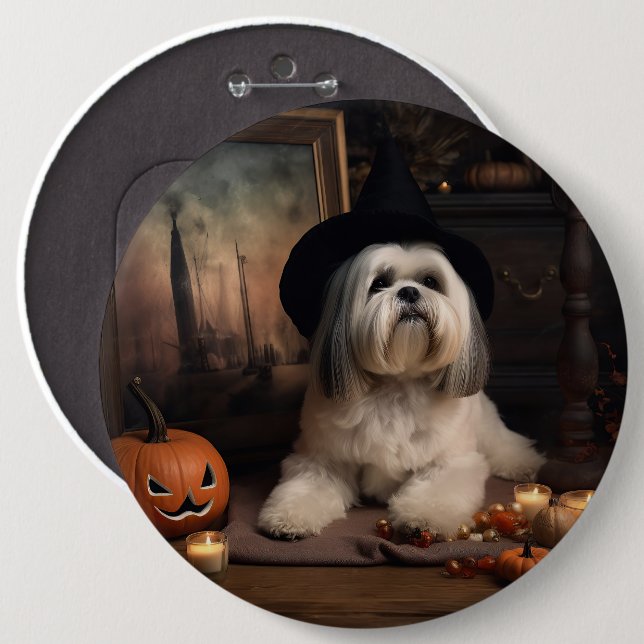 Lhasa Apso Pumpkins Halloween Scary 6 Inch Round Button (Front & Back)