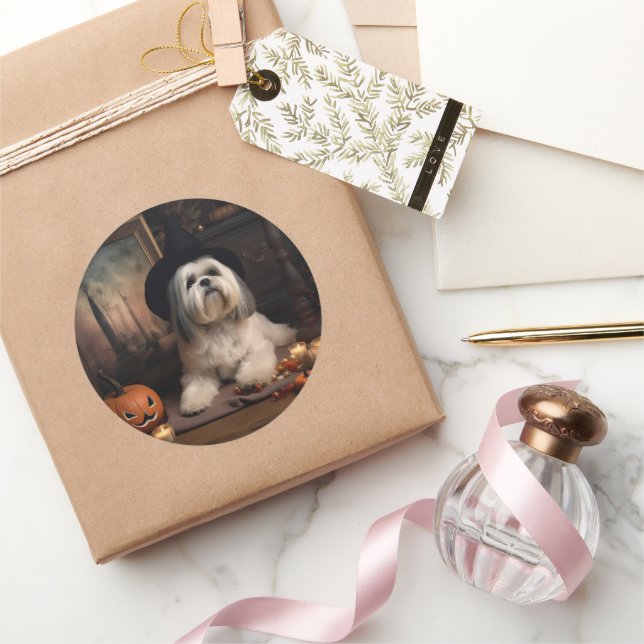Lhasa Apso Pumpkins Halloween Scary Classic Round Sticker (Gifting)