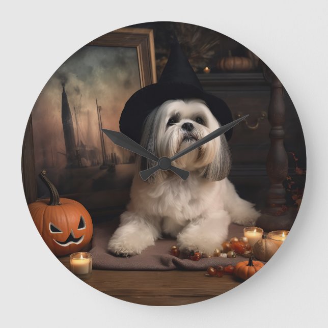 Lhasa Apso Pumpkins Halloween Scary Large Clock (Front)