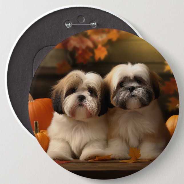 Lhasa Apso Puppy Autumn Delight Pumpkin  6 Inch Round Button (Front & Back)
