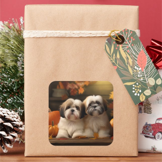 Lhasa Apso Puppy Autumn Delight Pumpkin  Square Sticker (Holiday)