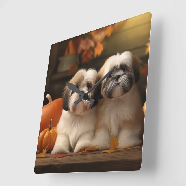 Lhasa Apso Puppy Autumn Delight Pumpkin  Square Wall Clock (Angle)