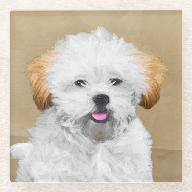 Lhasa Apso Puppy Painting - Cute Original Dog Art Glass Coaster (Front)
