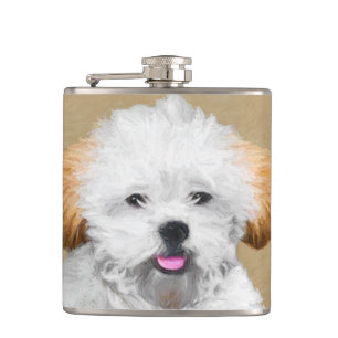 Lhasa Apso Puppy Painting - Cute Original Dog Art Hip Flask
