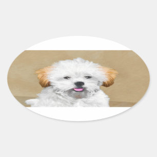 Lhasa Apso Puppy Painting - Cute Original Dog Art Oval Sticker