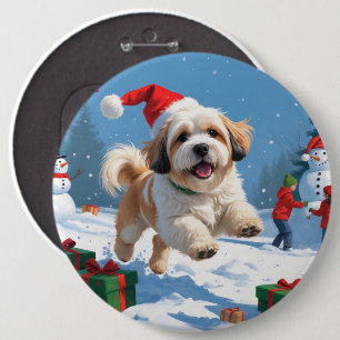 Lhasa Apso Running in Snow with Christmas Hat 6 Inch Round Button