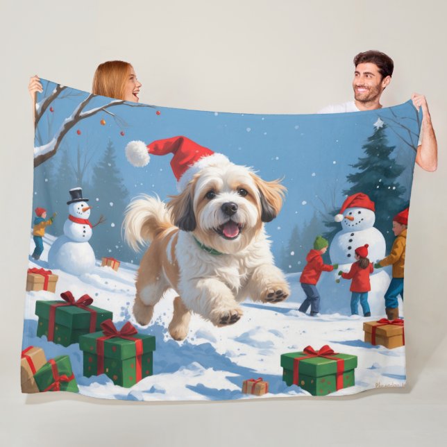 Lhasa Apso Running in Snow with Christmas Hat Fleece Blanket (In Situ)