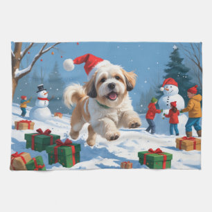 Lhasa Apso Running in Snow with Christmas Hat Kitchen Towel