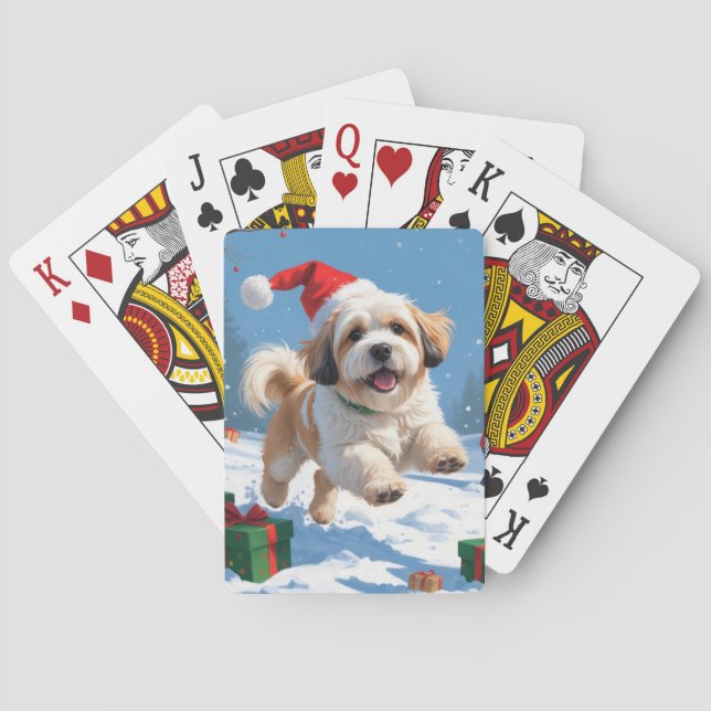 Lhasa Apso Running in Snow with Christmas Hat Playing Cards (Back)