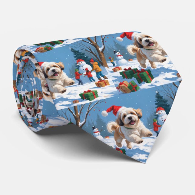 Lhasa Apso Running in Snow with Christmas Hat Tie (Rolled)
