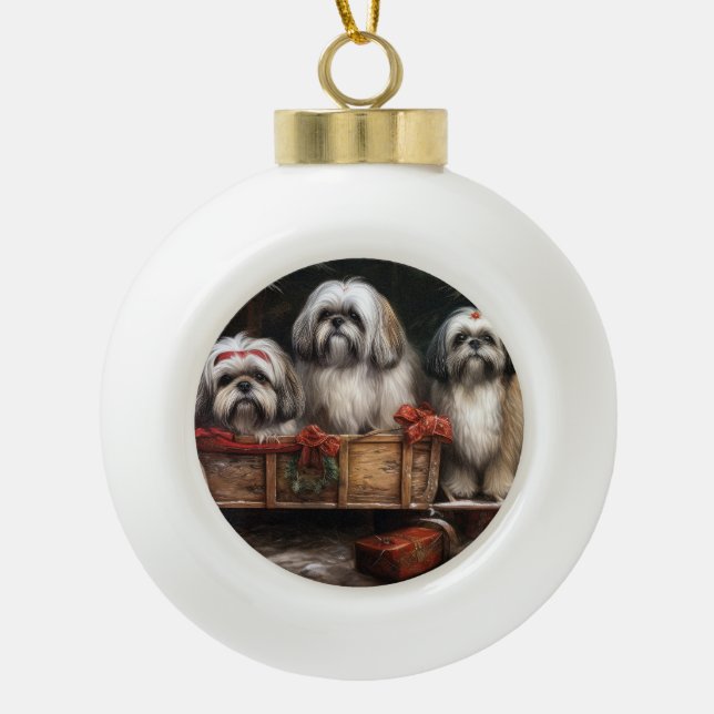 Lhasa Apso Snowy Sleigh Christmas Decor Ceramic Ball Christmas Ornament (Front)