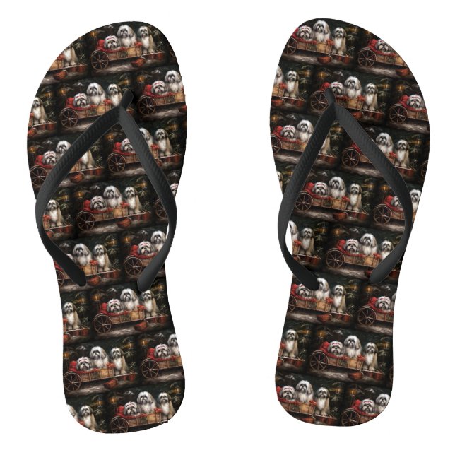 Lhasa Apso Snowy Sleigh Christmas Decor Flip Flops (Footbed)