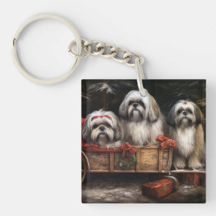 Lhasa Apso Snowy Sleigh Christmas Decor Keychain